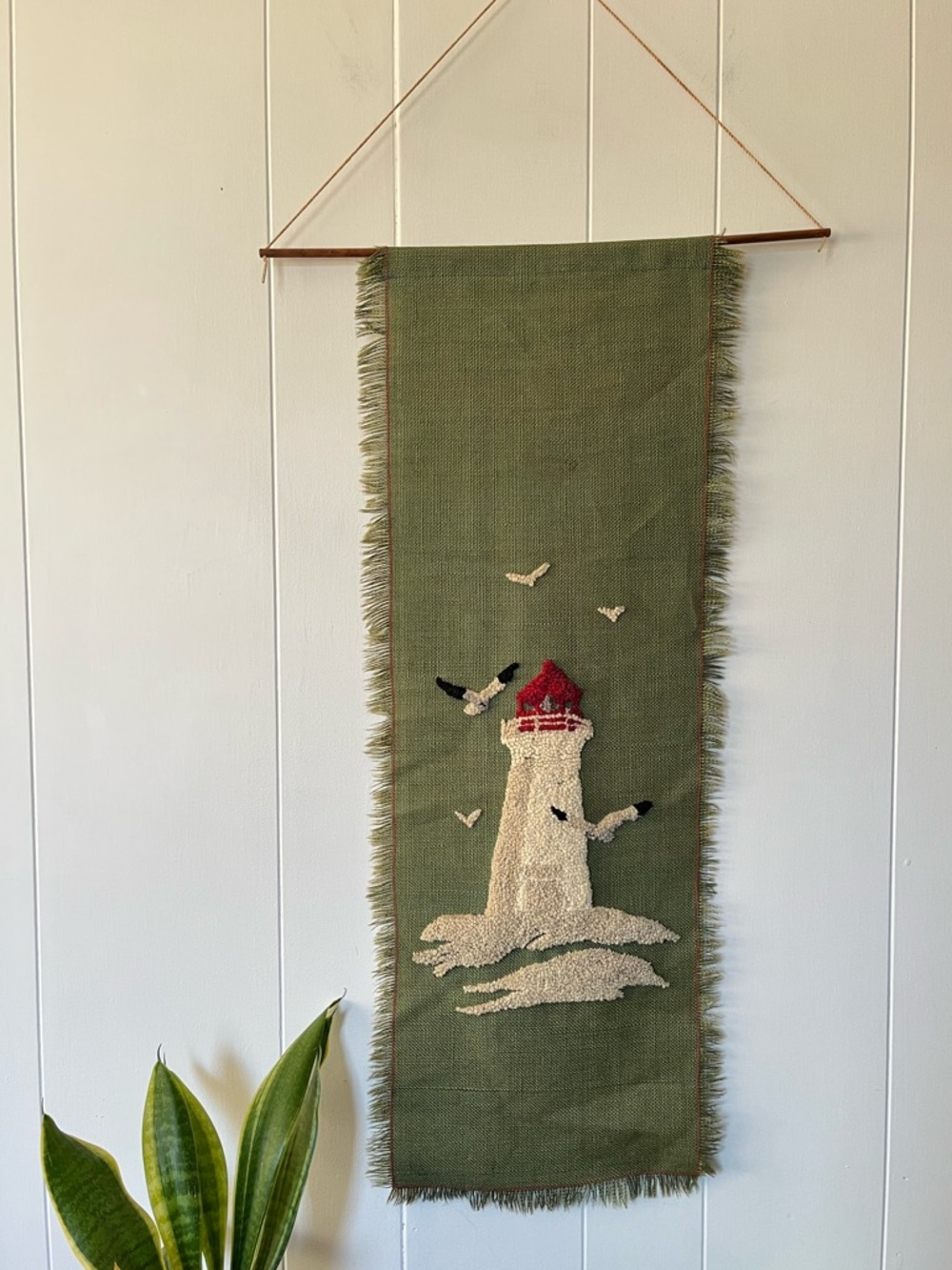 Vintage Handmade Lighthouse Punch Needle Rug Hooked Wall Hanging Art Scroll Vtg
